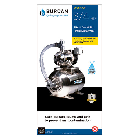 Burcam 506547SS Jet Pump, 7.6/3.8 A, 115/230 V, 0.75 hp, 1 in Connection, 25 ft Max Head, 900 gph, Stainless Steel