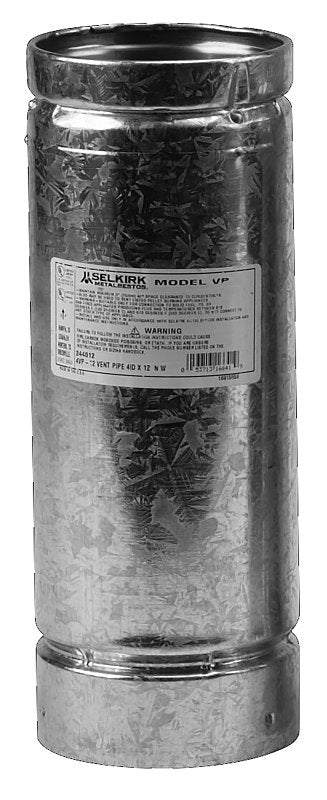 Selkirk 244012 Pellet Pipe, 4 in Dia, 12 in L, Stainless Steel