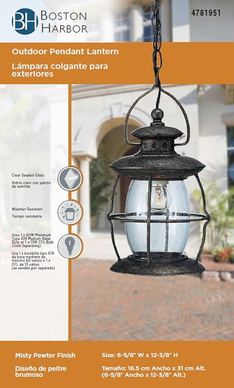 Boston Harbor BRT-CDC1701 Outdoor Pendant Lantern, 120 V, 60 W, Steel Fixture, Misty Pewter Fixture