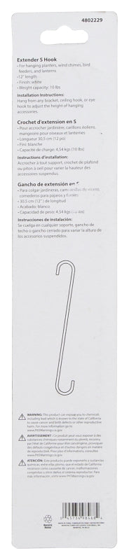 Landscapers Select GB0133L Extender S-Hook, 12 in H, Steel, White, Hanging Mounting