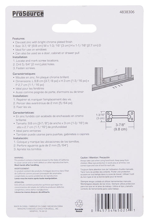 ProSource 20902CHB-PS Sash Lift, 3-7/8 in L Handle, Zinc, Chrome