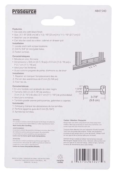 ProSource 20902PKB-PS Sash Lift, 3-7/8 in L Handle, Zinc, Black