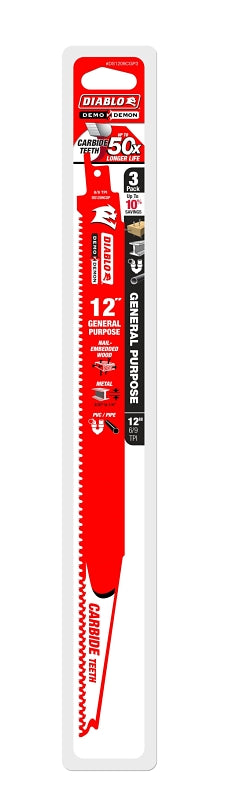 Diablo DS1209CGP3 Reciprocating Saw Blade, Applicable Materials: Metal, Wood, 12 in L, 6/9 TPI, 3/PK