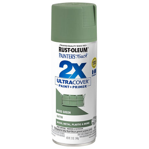 Rust-Oleum Painter's Touch 2X Ultra Cover 334075 Spray Paint, Satin, Moss Green, 12 oz, Aerosol Can