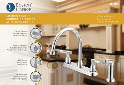 Boston Harbor F8210001CP Kitchen Faucet, 1.8 gpm, 4-Faucet Hole, Metal/Plastic, Chrome, Deck Mounting, Lever Handle