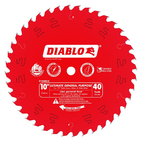Diablo D1040UX General-Purpose Saw Blade, 10 in Dia, 40-Teeth, TiCo Carbide Cutting Edge