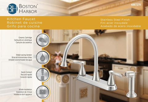 Boston Harbor F8210001NP Kitchen Faucet, 1.8 gpm, 4-Faucet Hole, Metal/Plastic, Stainless Steel, Deck Mounting