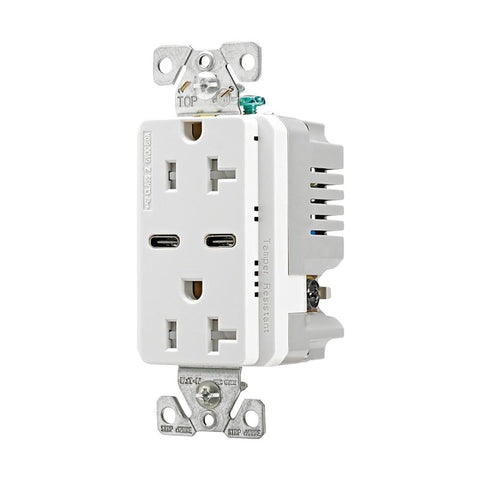 Eaton TRUSBC20W-BOX Combination USB Receptacle, 2-Pole, 20 A, 125 V, 2-USB Port, Type C USB, NEMA: 5-20R, White, Pack of 10