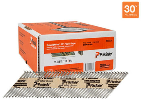 Paslode 650238 Framing Nail, Strip Collation, 2-3/8 in L, Steel, Bright, Round Head, Ring Shank