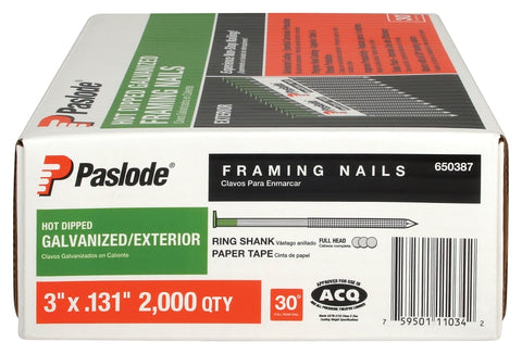 Paslode 650387 Framing Nail, 3 in L, Steel, Hot-Dipped Galvanized, Full Round Head, Ring Shank, 2000/CT