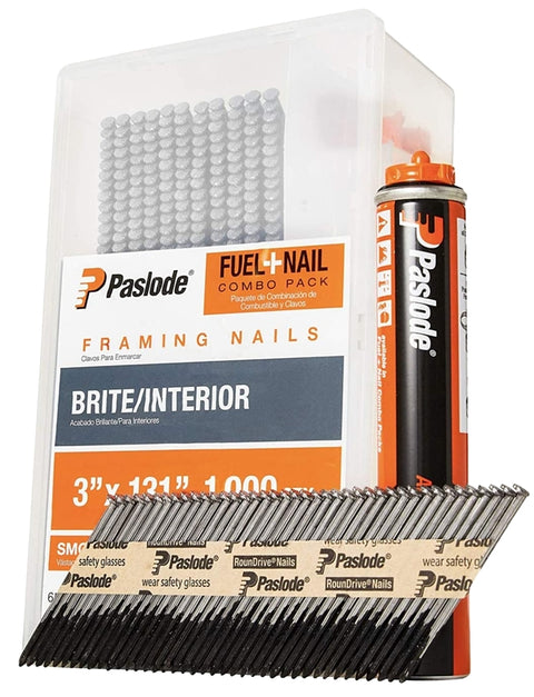 Paslode 650525 Series Framing Fuel and Nail Combo Pack, Tape Collation, 3 in L, Low Carbon Steel, 0.13 in Diameter