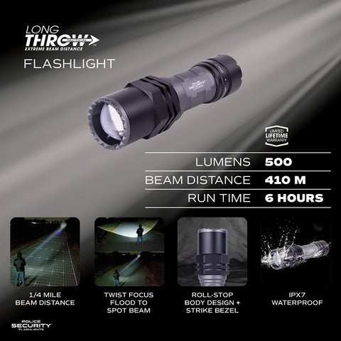 Police Security 97818 Flashlight, AAA Battery, Alkaline Battery, LED Lamp, 500 Lumens High, 220 Lumens Low