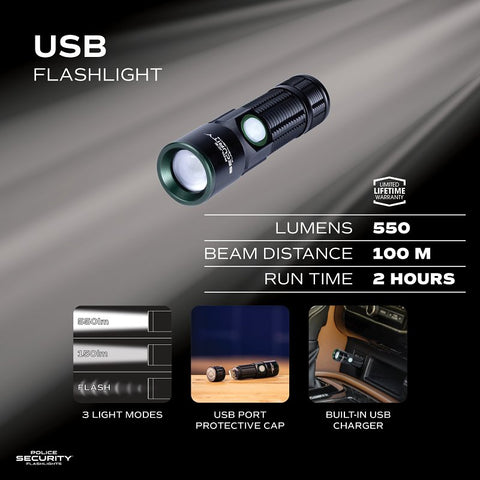 Police Security 97947 Rechargeable Flashlight, 600 mAh, Lithium-Ion Battery, LED Lamp, 550 Lumens High, 150 Lumens Low