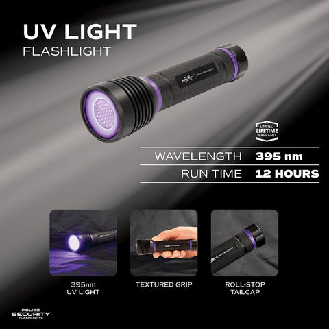 Police Security 98734 UV Flashlight, AAA Battery, Alkaline Battery, LED Lamp, 395 Lumens, 12 hr High Run Time