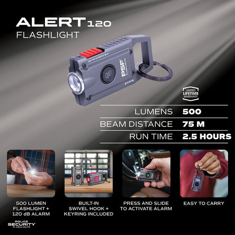 Police Security ALERT120db Series 97853 Personal safety Keychain Alarm Flashlight, 500 Lumens