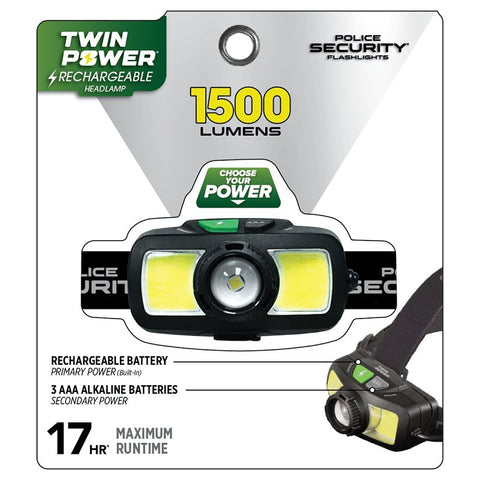 Police Security 97856 Head Lamp, Alkaline, Rechargeable Battery, LED Lamp, 1500 Lumens, 85 m Beam Distance, Black