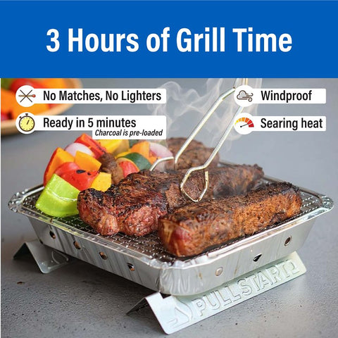 Pull Start Fire 77501 Charcoal Grill, 130 sq-in Primary Cooking Surface, Silver, Stainless Steel Body