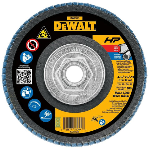 DEWALT HP DW8313 Flap Disc, 4-1/2 in Dia, 5/8-11 Arbor, 80 Grit, Medium, Zirconia Abrasive, Fiberglass Backing