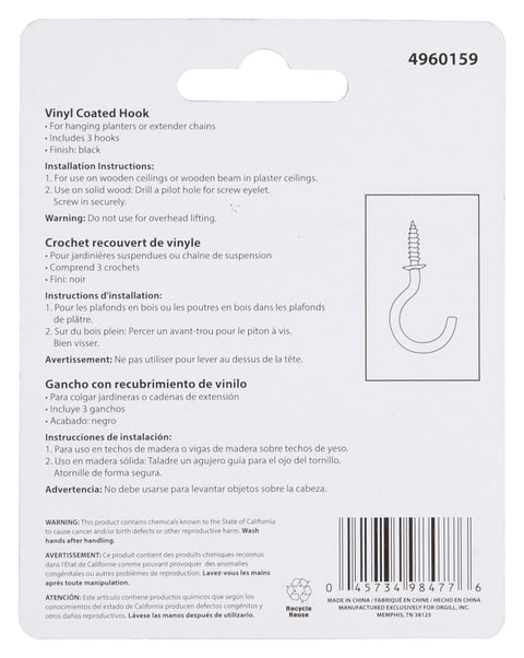 Landscapers Select GB0253L Storage Hook, 1.42 in L, 2-1/2 in H, Steel, Black, Zinc Plated, Wall Mount Mounting