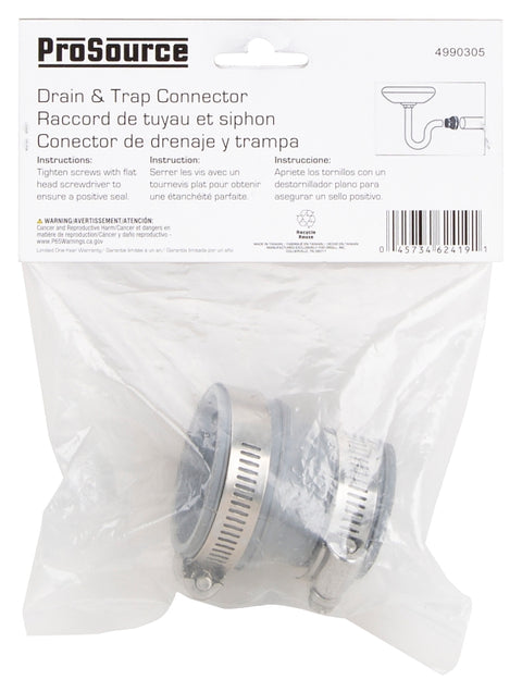 ProSource DTC-150 Drain Trap Connector, 1-1/2 x1-1/4 in, PVC, Gray