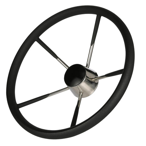 Seachoice 5 Spoke 15″ Stainless Steel Destroyer Steering Wheel With Permanent Foam Grip & Black Center Cap