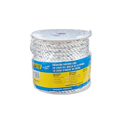 Premium 3-Strand Twisted Nylon Anchor Line White With Blue Tracer, 1/2″ x 100'