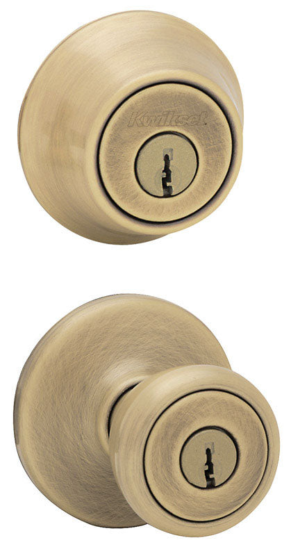 Kwikset Tylo Entry Lock and Single Cylinder Deadbolt Antique Brass Steel 3 Grade Left Handed, R