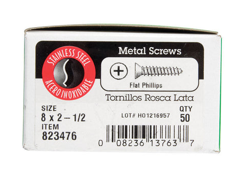 Hillman Flat Head Phillips Drive Sheet Metal Screws Stainless Steel 8 x 2-1/2 in. L 50 per bo