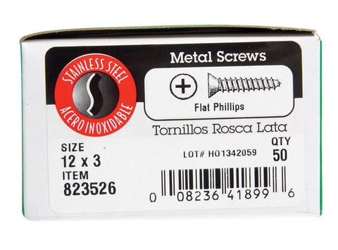 Hillman Flat Head Phillips Drive Sheet Metal Screws Stainless Steel 12 x 3 in. L 50 per box