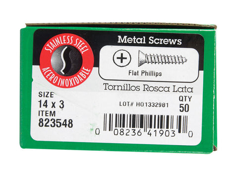 Hillman Flat Head Phillips Drive Sheet Metal Screws Stainless Steel 14 x 3 in. L 50 per box