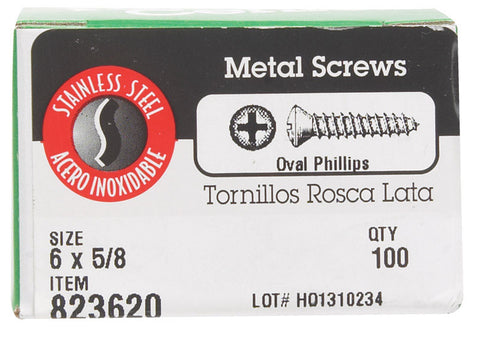 Hillman Oval Head Phillips Drive Sheet Metal Screws Stainless Steel 6 x 5/8 in. L 100 per box
