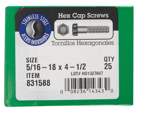 Hillman Hillman Stainless Steel Coarse Hex Head Cap Screw 5/16-18 in. Dia. x 4-1/2 in. L 25 box