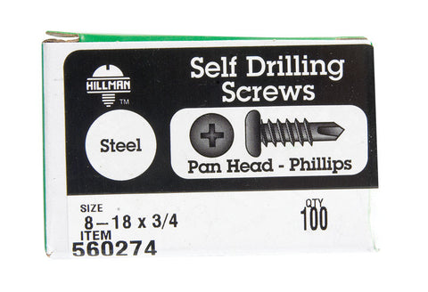 Hillman Pan Head Phillips Drive Self Drilling Screws Steel 8-18 x 3/4 in. L 100 per box