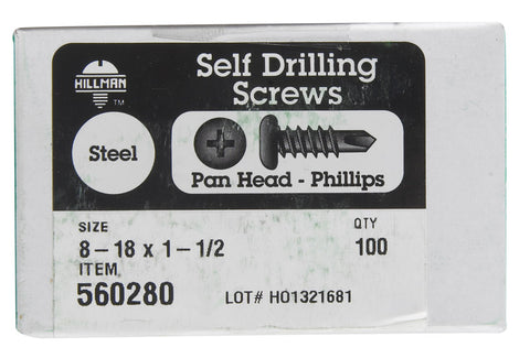 Hillman Pan Head Phillips Drive Self Drilling Screws Steel 8-18 x 1-1/2 in. L 100 per box