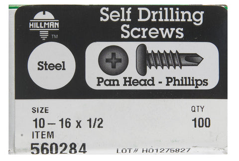Hillman Pan Head Phillips Drive Self Drilling Screws Steel 10-16 x 1/2 in. L 100 per box