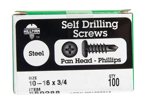 Hillman Pan Head Phillips Drive Self Drilling Screws Steel 10-16 x 3/4 in. L 100 per box