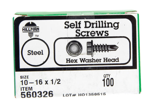 Hillman Hex Washer Hex Drive Self Drilling Screws Steel 10-16 x 1/2 in. L 100 per box