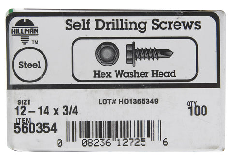 Hillman Hex Washer Hex Drive Self Drilling Screws Steel 12-14 x 3/4 in. L 100 per box