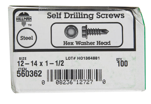 Hillman Hex Washer Hex Drive Self Drilling Screws Steel 12-14 x 1-1/2 in. L 100 per box