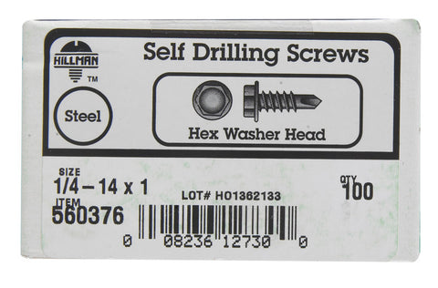 Hillman Hex Washer Hex Drive Self Drilling Screws Steel 1/4-14 x 1 in. L 100 per box