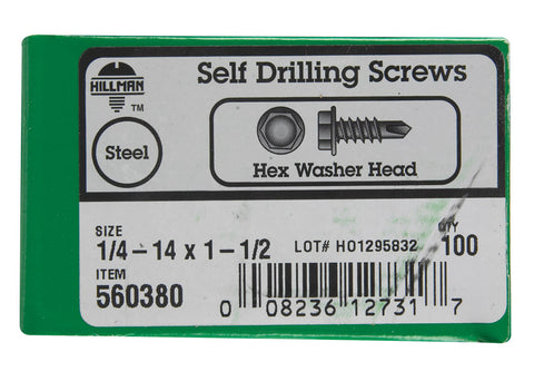 Hillman Hex Washer Hex Drive Self Drilling Screws Steel 1/4-14 x 1-1/2 in. L 100 per box