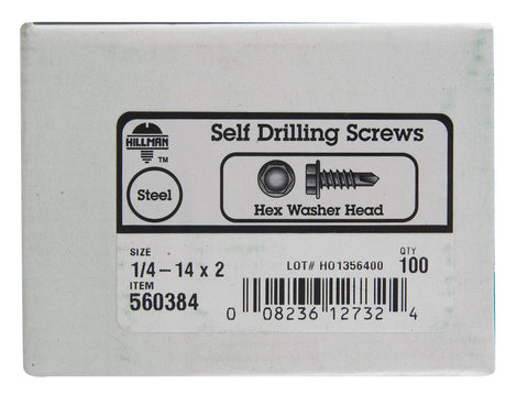 Hillman Hex Washer Hex Drive Self Drilling Screws Steel 1/4-14 x 2 in. L 100 per box
