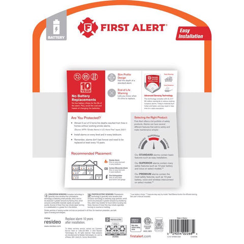 First Alert 2 Pack 10 year Battery-Powered Photoelectric Smoke Detector 2 pk, Pack of 4