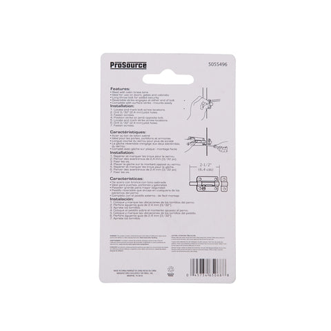 ProSource 20484CZB-PS Barrel Bolt, 0.31 Dia in Bolt Head, 2-1/2 in L Bolt, Steel, Satin Brass