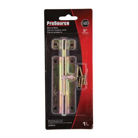ProSource 20487CZB-PS Barrel Bolt, 0.31 Dia in Bolt Head, 5 in L Bolt, Steel, Satin Brass Tone