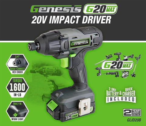 Genesis G20 MAX GLID20B Impact Driver, Battery Included, 20 V, 2 Ah, 1/4 in Drive, Hex Drive, 0 to 3600 ipm