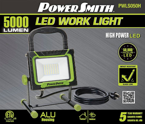PowerSmith PWLS050H Work Light, 120 V, 45 W, 1-Lamp, LED Lamp, 5000 Lumens, 5000 K Color Temp, Black