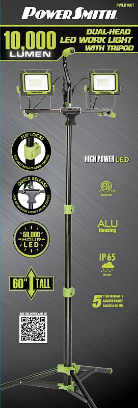 PowerSmith PWLD100T Dual-Head Work Light With Tripod, 120 V, 90 W, 2-Lamp, LED Lamp, 10000 Lumens, 5000 K Color Temp