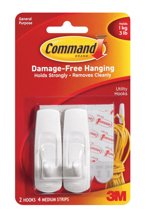 3M Command Medium Utility Hook 3-7/8 in. L Plastic 3 lb. per Hook 2 pk