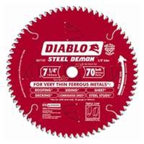 Diablo Steel Demon D0770FA Circular Saw Blade, 7-1/4 in Dia, 5/8 in Arbor, 70-Teeth, TiCo Carbide Cutting Edge, Pack of 5